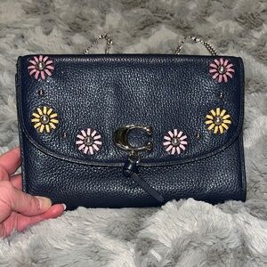 Coach Blue Dinky Purse with Pink and Yellow Floral Accents